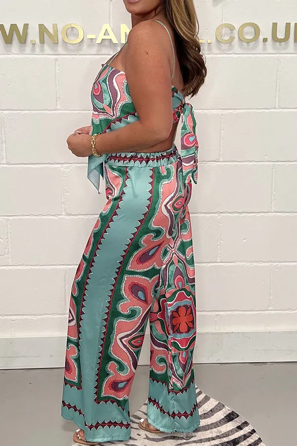 Fashion print suspenders open back tie top   straight pants set