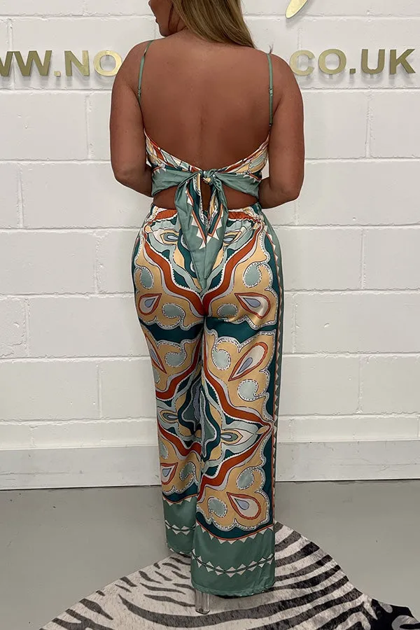 Fashion print suspenders open back tie top   straight pants set