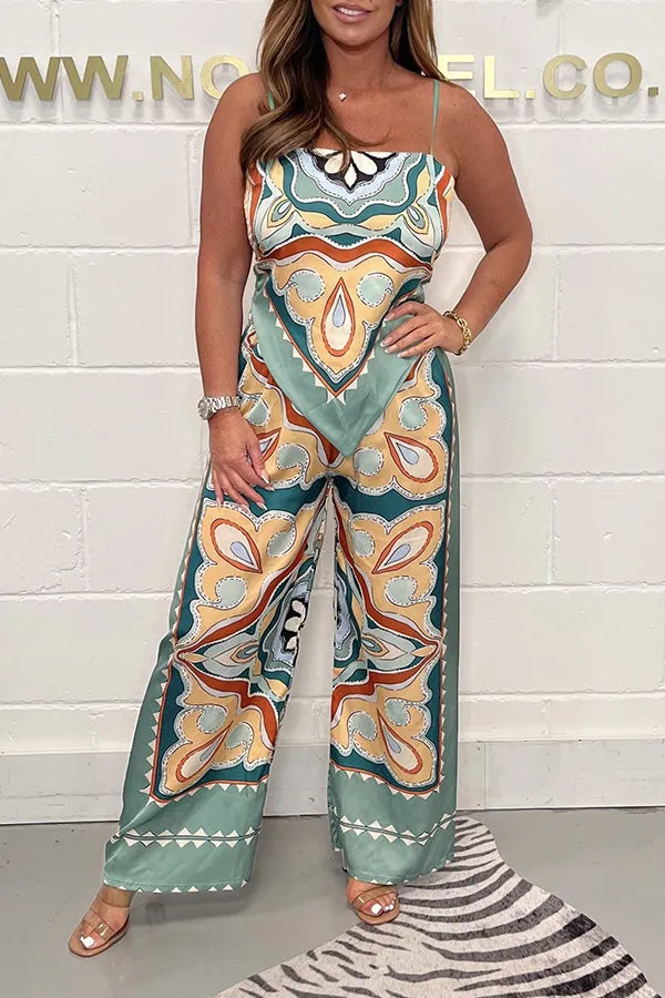 Fashion print suspenders open back tie top   straight pants set