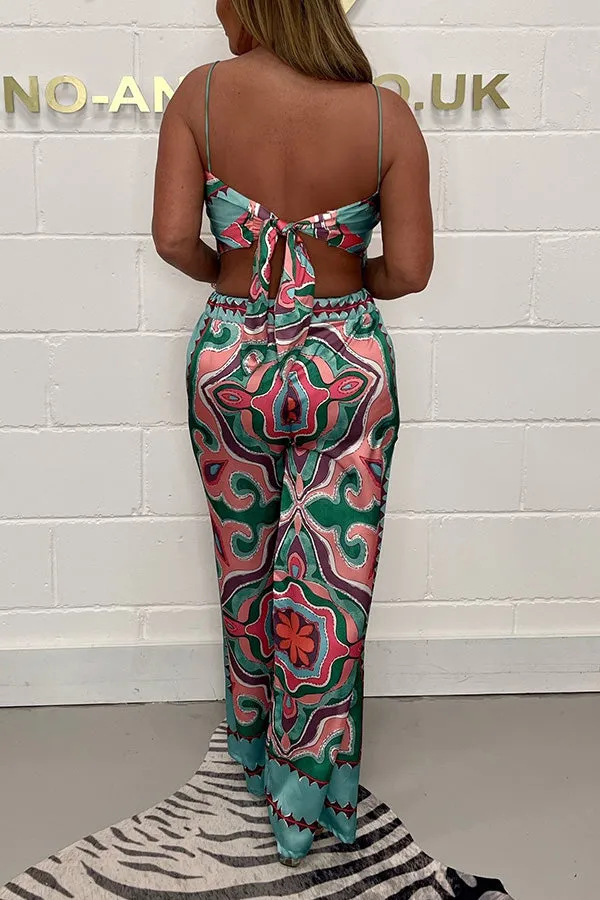 Fashion print suspenders open back tie top   straight pants set