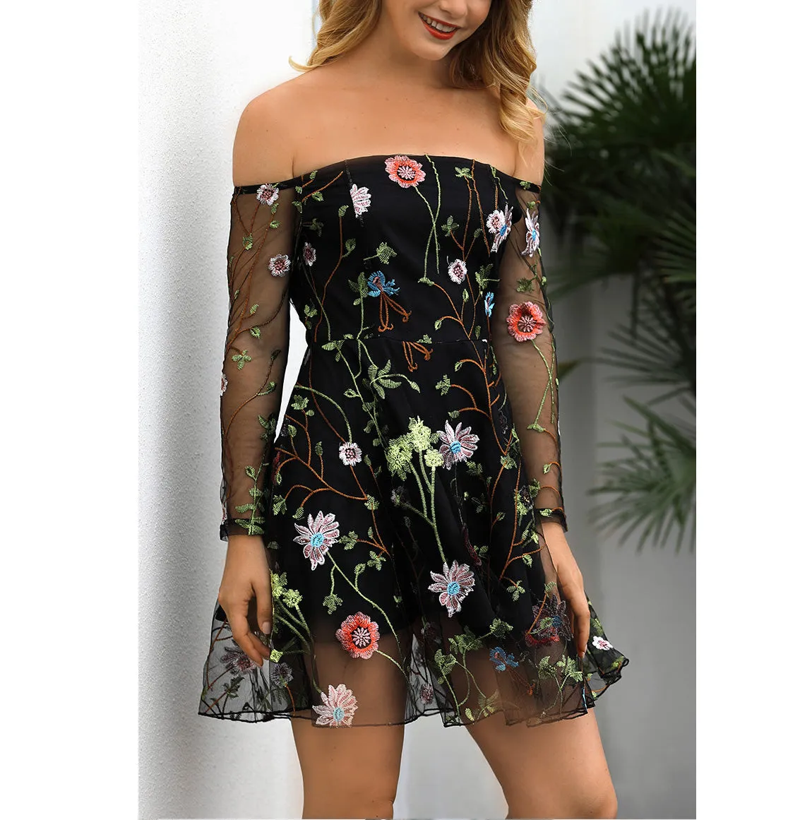 Fashion Sexy Skirt Solid Color Lace Embroidered Dress