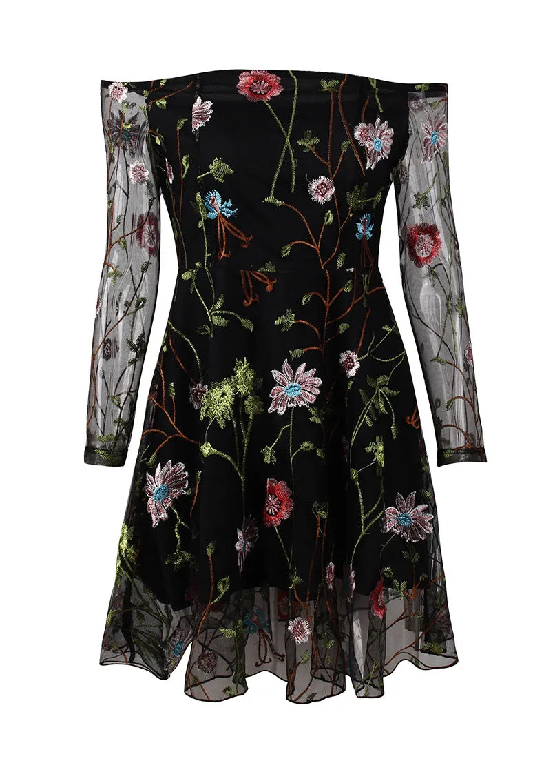 Fashion Sexy Skirt Solid Color Lace Embroidered Dress