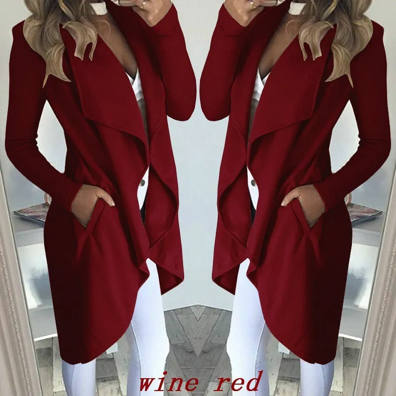 Fashion Solid Color Lapel Slim Long Windbreaker Jacket