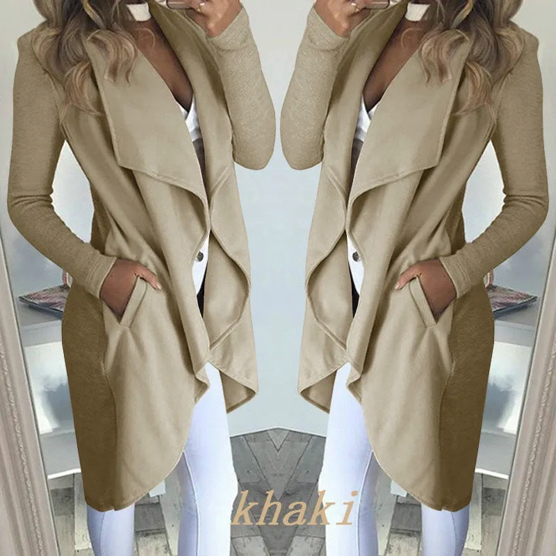 Fashion Solid Color Lapel Slim Long Windbreaker Jacket