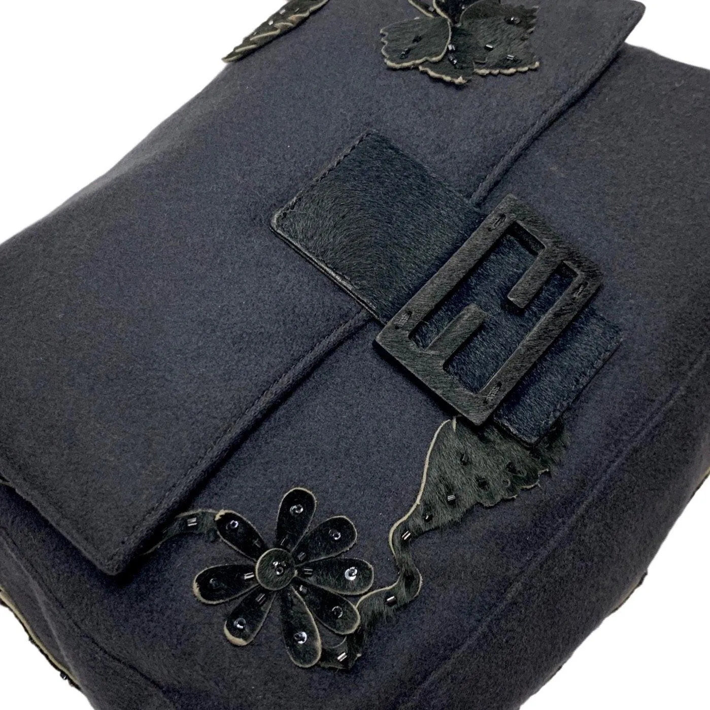 Fendi Black Calf Hair Embellished Shoulder Bag