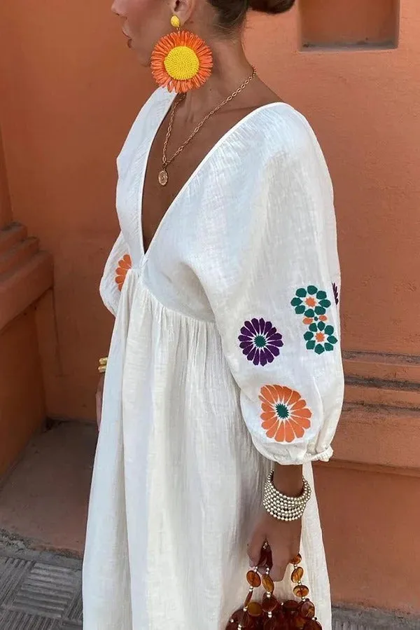 Floral Print V-neck Lantern Sleeves Backless Maxi Dress