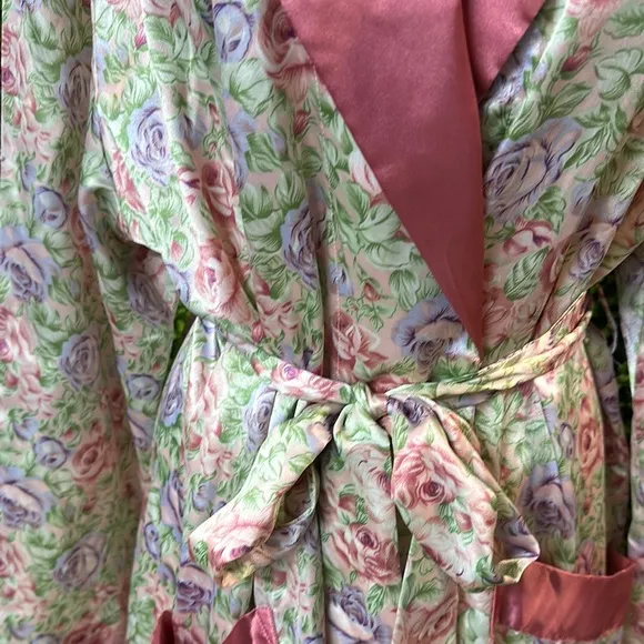 Floral Satin Robe with Pink Trim