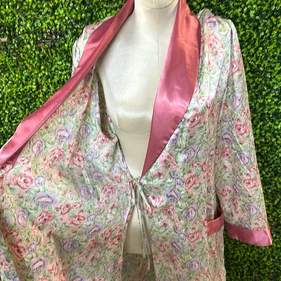 Floral Satin Robe with Pink Trim