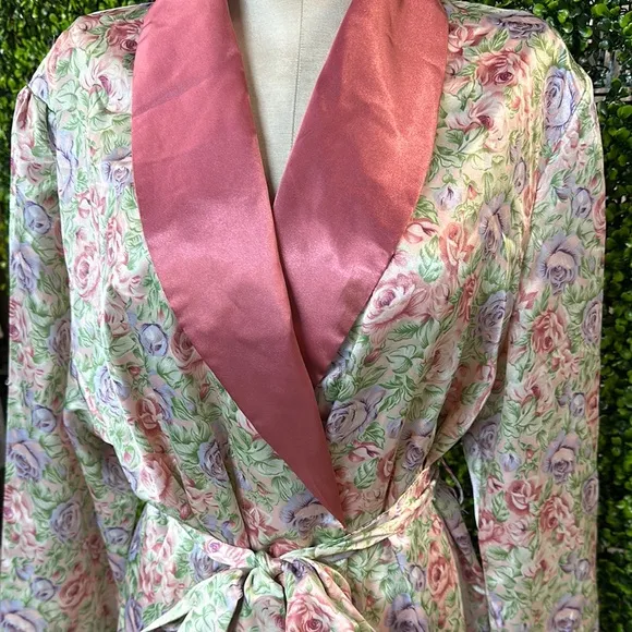 Floral Satin Robe with Pink Trim