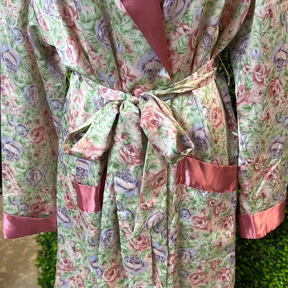 Floral Satin Robe with Pink Trim