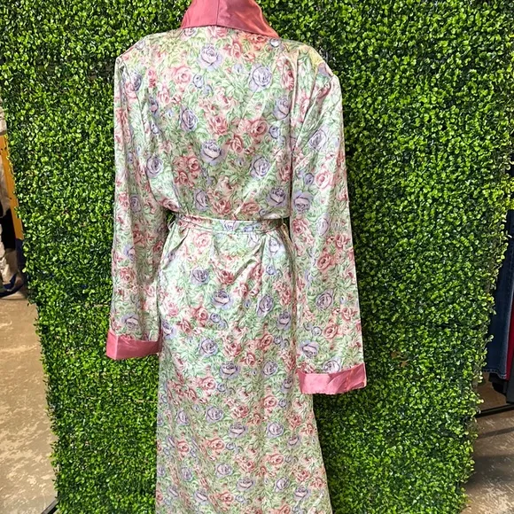 Floral Satin Robe with Pink Trim