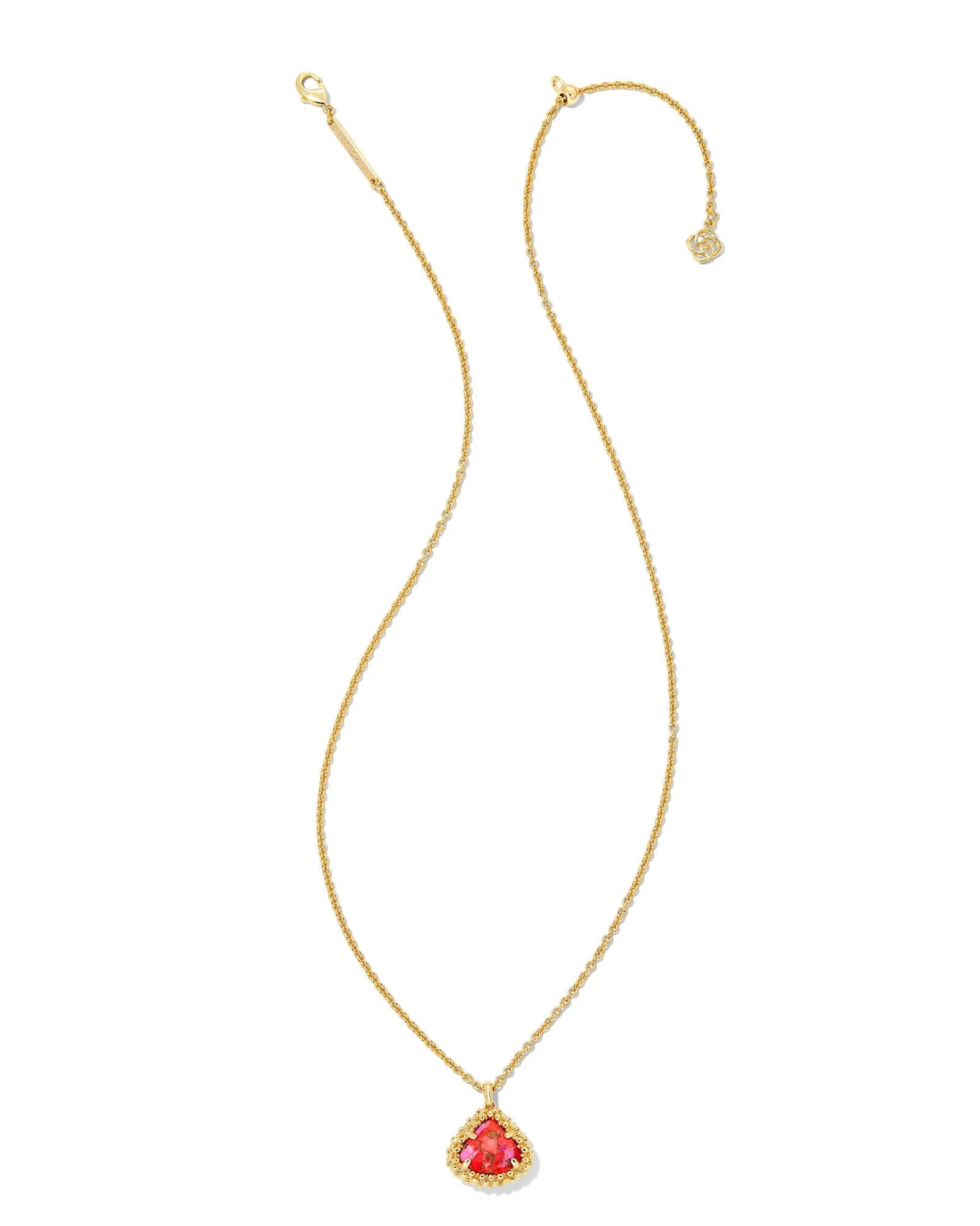 Framed Kendall Short Pendant Necklace in Gold Bronze Veined Red and Fuchsia Magnesite