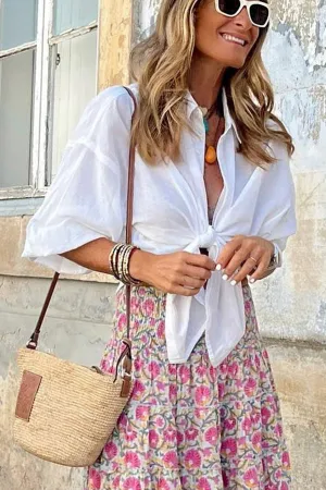French Dreaming Linen Blend Front Tie Blouse