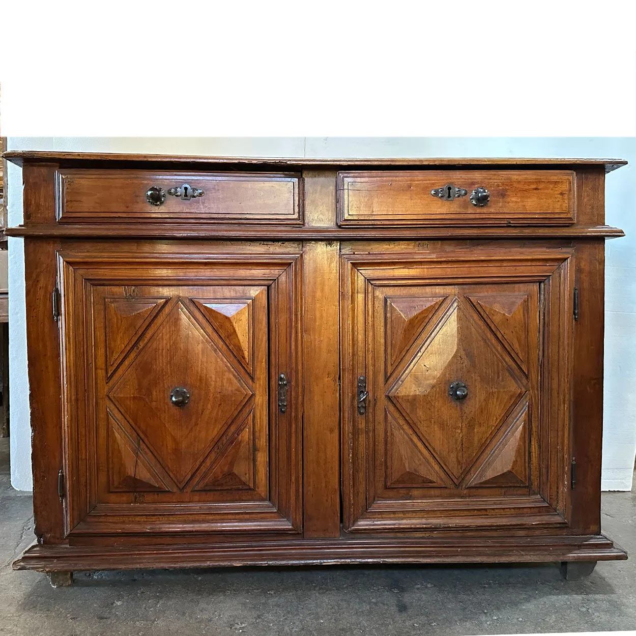 French Louis XIII Fruitwood Diamond Point Sideboard Cabinet