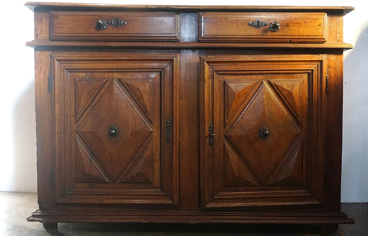 French Louis XIII Fruitwood Diamond Point Sideboard Cabinet