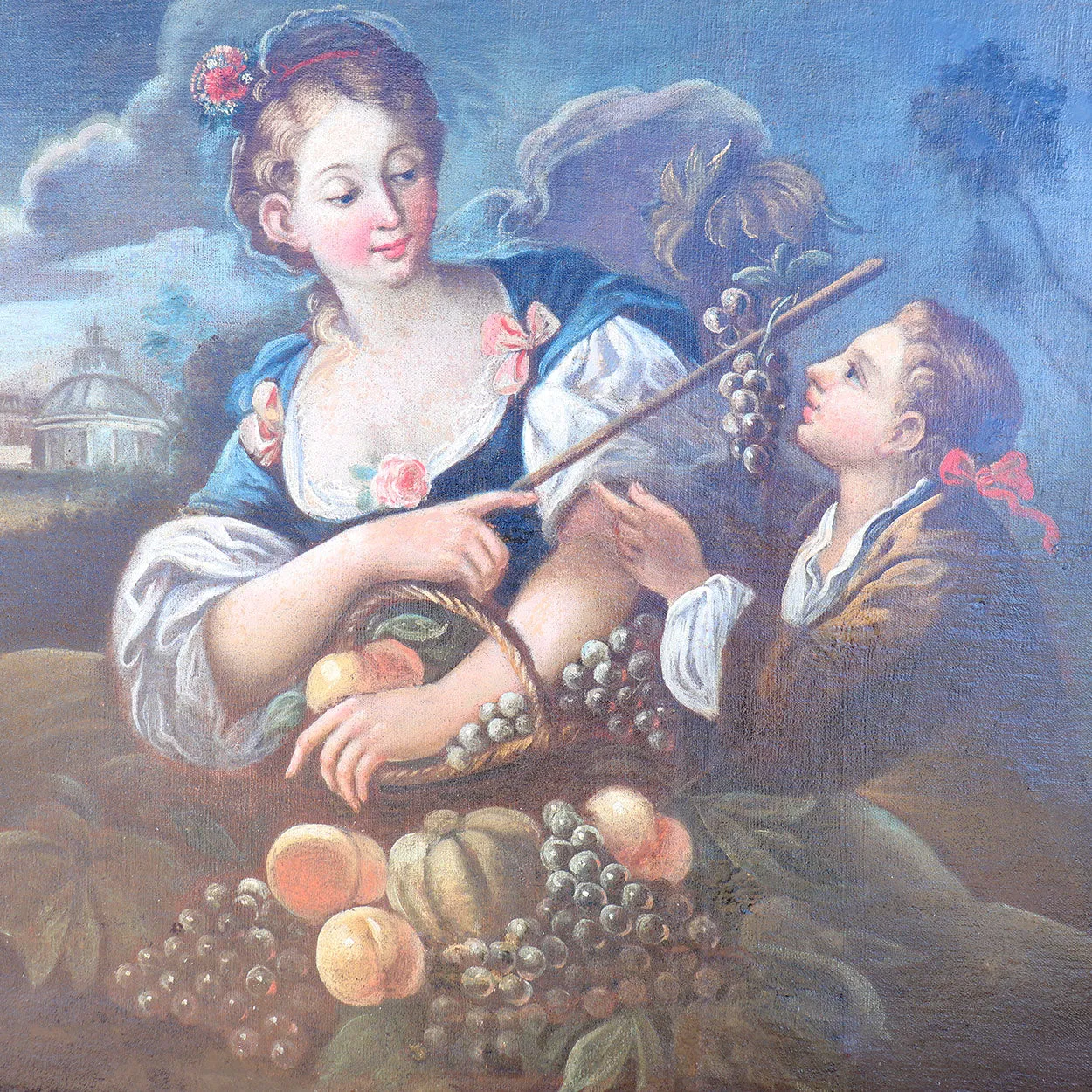 French School Rococo Oil on Canvas Painting, Les Vendanges (The Grape Harvest)