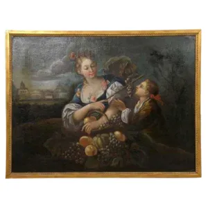 French School Rococo Oil on Canvas Painting, Les Vendanges (The Grape Harvest)