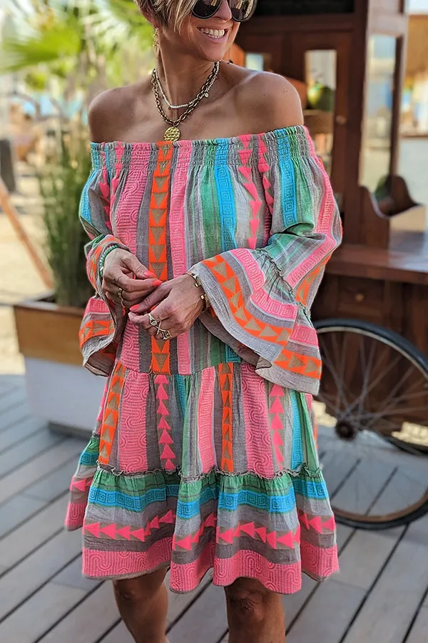 Friendly Shores Linen Blend Ethnic Print Off Shoulder Loose Mini Dress