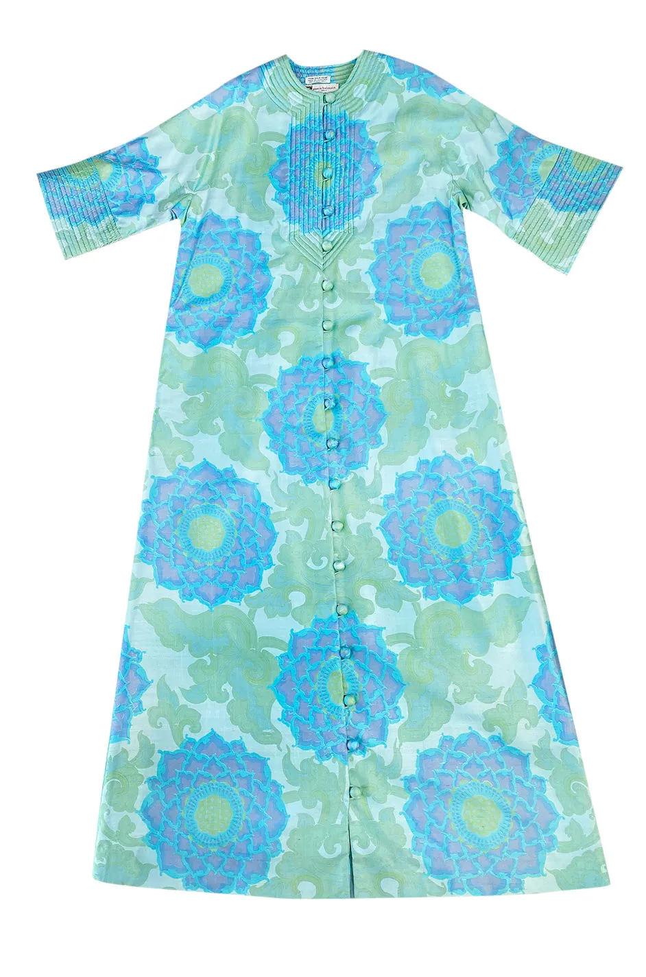 Gorgeous 1970s Pierre Balmain Soft Green and Blue Printed Thai Silk Caftan Dress or Evening Coat