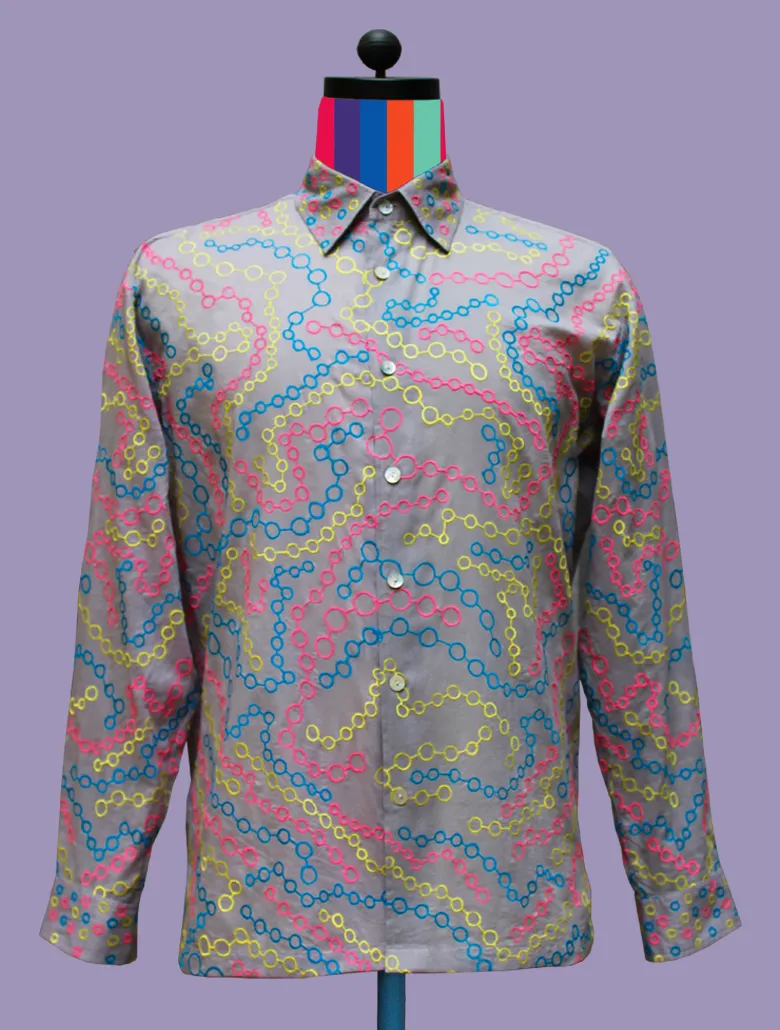 Gray Cotton Voile Shirt with Chain-Link Embroidery