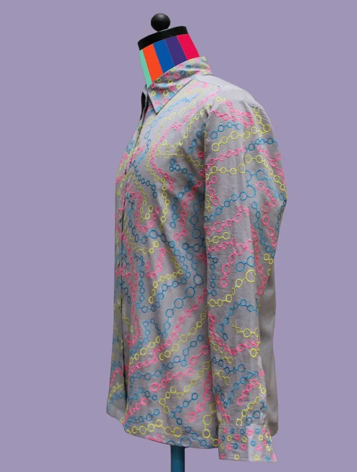 Gray Cotton Voile Shirt with Chain-Link Embroidery