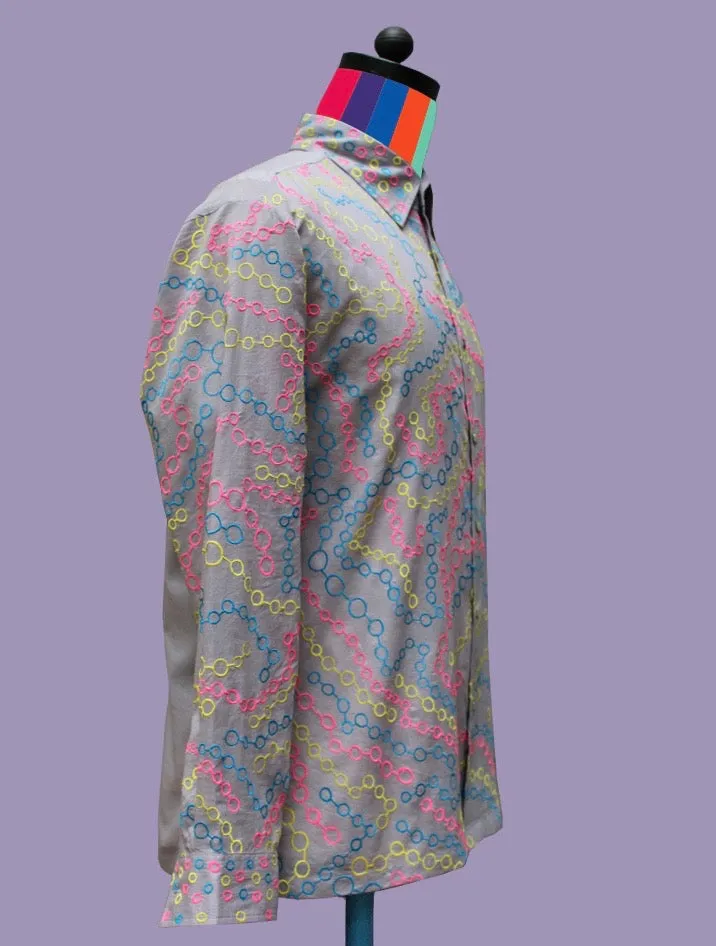 Gray Cotton Voile Shirt with Chain-Link Embroidery