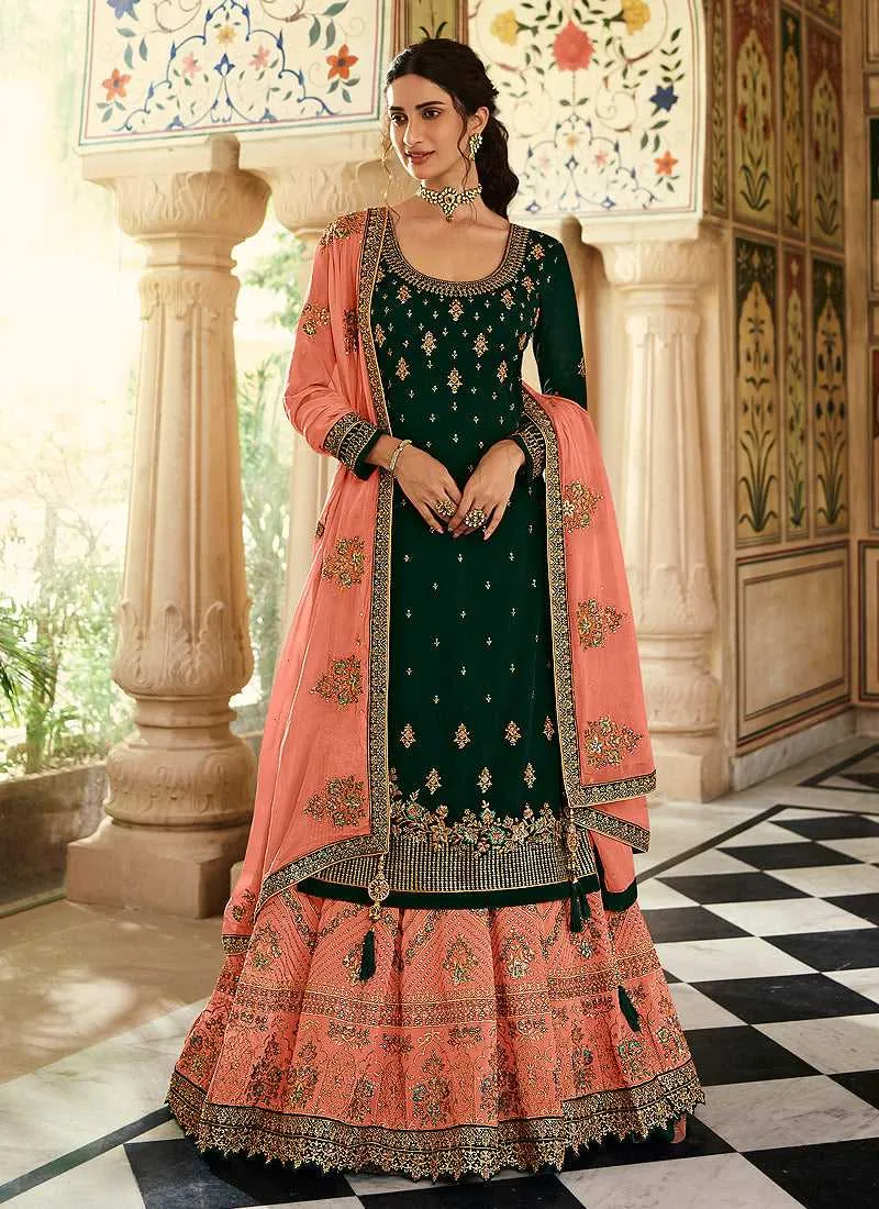 Green and Peach Designer Heavy Embroidered Lehenga
