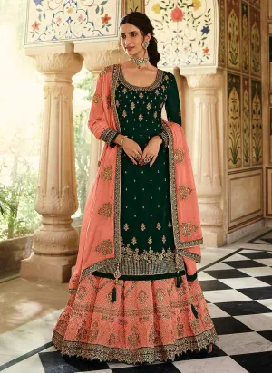 Green and Peach Designer Heavy Embroidered Lehenga