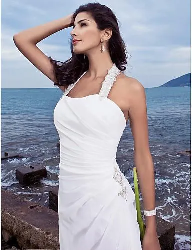 Halter Chiffon Column Sheath Wedding Long-Train Dress-708879