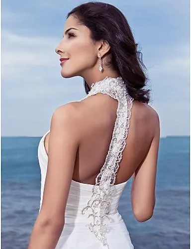 Halter Chiffon Column Sheath Wedding Long-Train Dress-708879