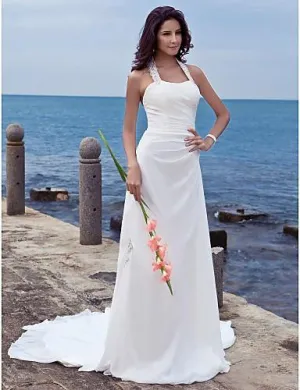 Halter Chiffon Column Sheath Wedding Long-Train Dress-708879