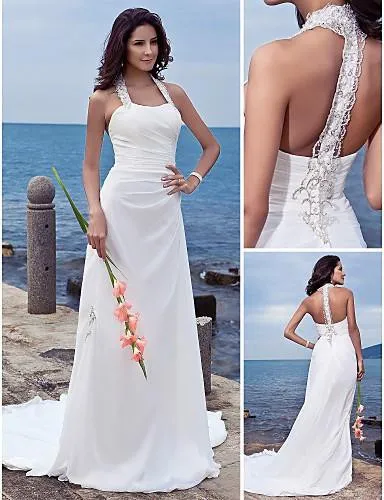 Halter Chiffon Column Sheath Wedding Long-Train Dress-708879