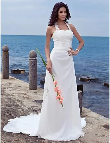 Halter Chiffon Column Sheath Wedding Long-Train Dress-708879
