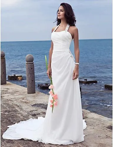 Halter Chiffon Column Sheath Wedding Long-Train Dress-708879