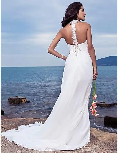 Halter Chiffon Column Sheath Wedding Long-Train Dress-708879