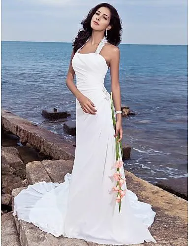 Halter Chiffon Column Sheath Wedding Long-Train Dress-708879