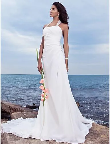 Halter Chiffon Column Sheath Wedding Long-Train Dress-708879