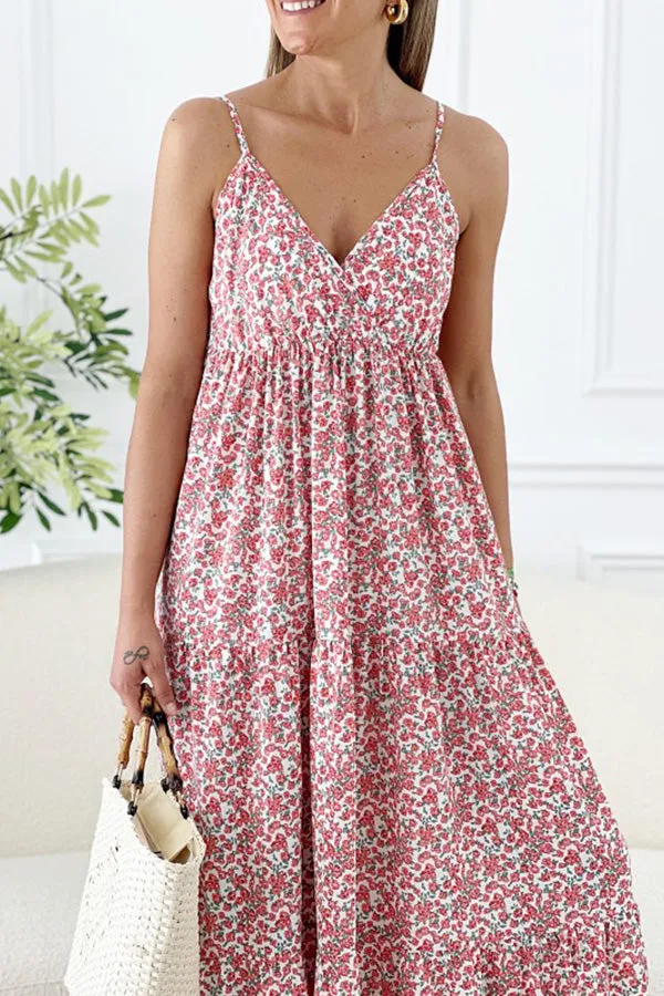 Hana Floral Spaghetti Strap Deep V Holiday Long Dress