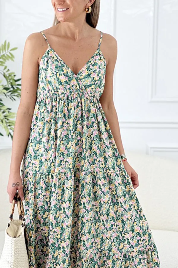 Hana Floral Spaghetti Strap Deep V Holiday Long Dress