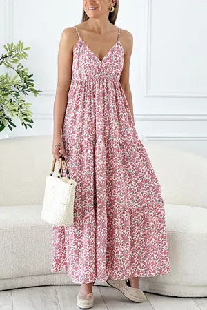 Hana Floral Spaghetti Strap Deep V Holiday Long Dress