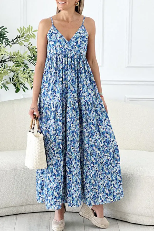 Hana Floral Spaghetti Strap Deep V Holiday Long Dress