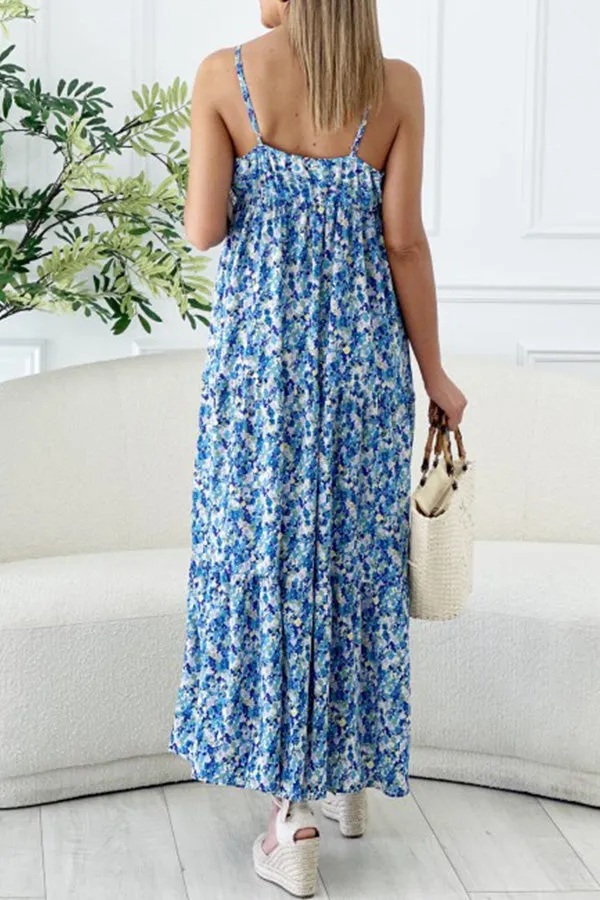 Hana Floral Spaghetti Strap Deep V Holiday Long Dress