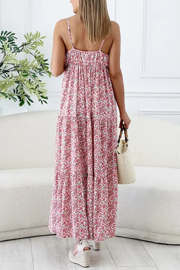 Hana Floral Spaghetti Strap Deep V Holiday Long Dress