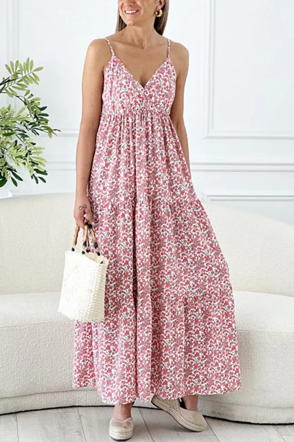 Hana Floral Spaghetti Strap Deep V Holiday Long Dress