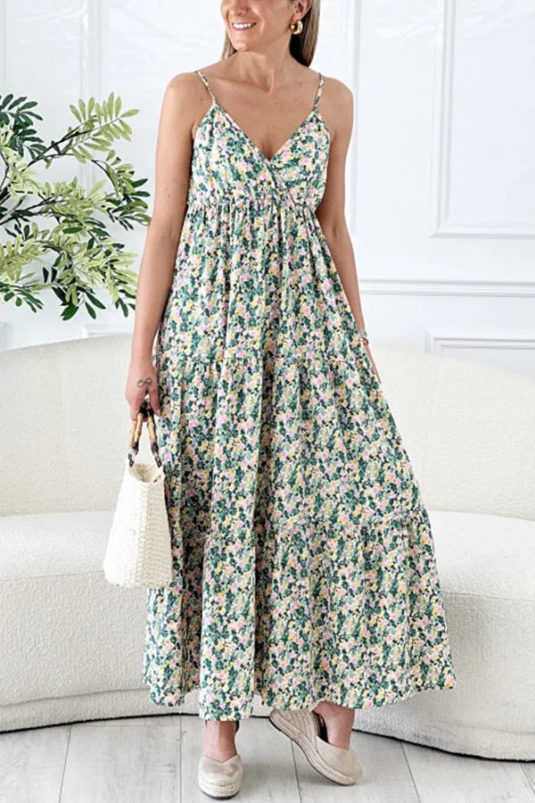 Hana Floral Spaghetti Strap Deep V Holiday Long Dress