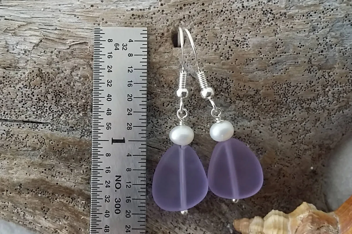 Handmade in Hawaii, "Magical Color Changing" Purple sea glass earrings, Natural pearl
