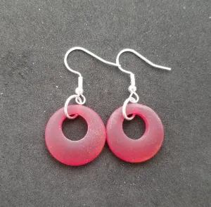 Hawaiian Jewelry Sea Glass Earrings, Circle Minimalist Jewelry Red Earrings, Beach Sea Glass Birthday Gift (January Birthstone)