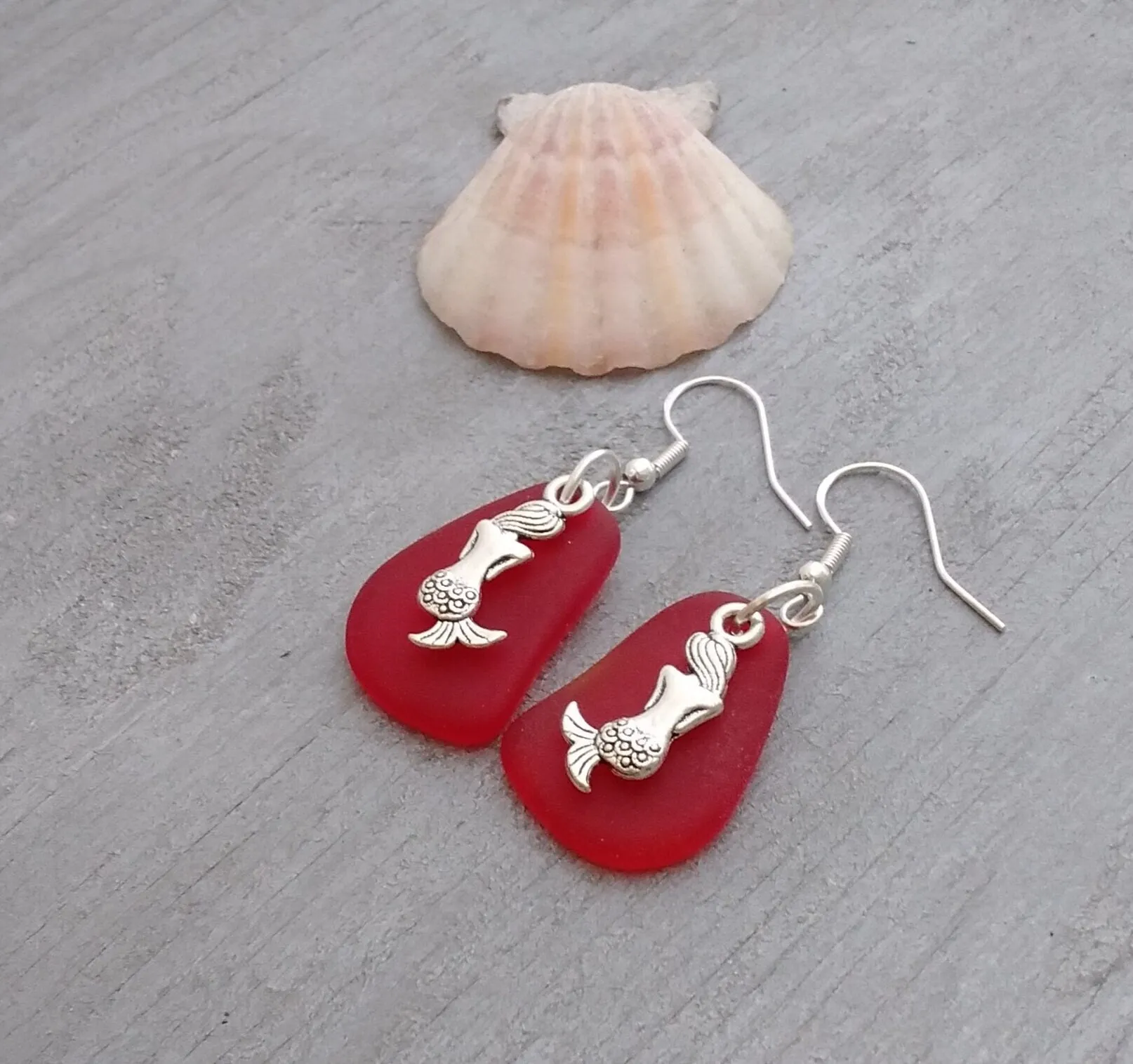 Hawaiian Jewelry Sea Glass Earrings, Red Earrings Mermaid Earrings, Sea Glass Jewelry Beach Jewelry Unique Birthday Gift(January Birthstone)