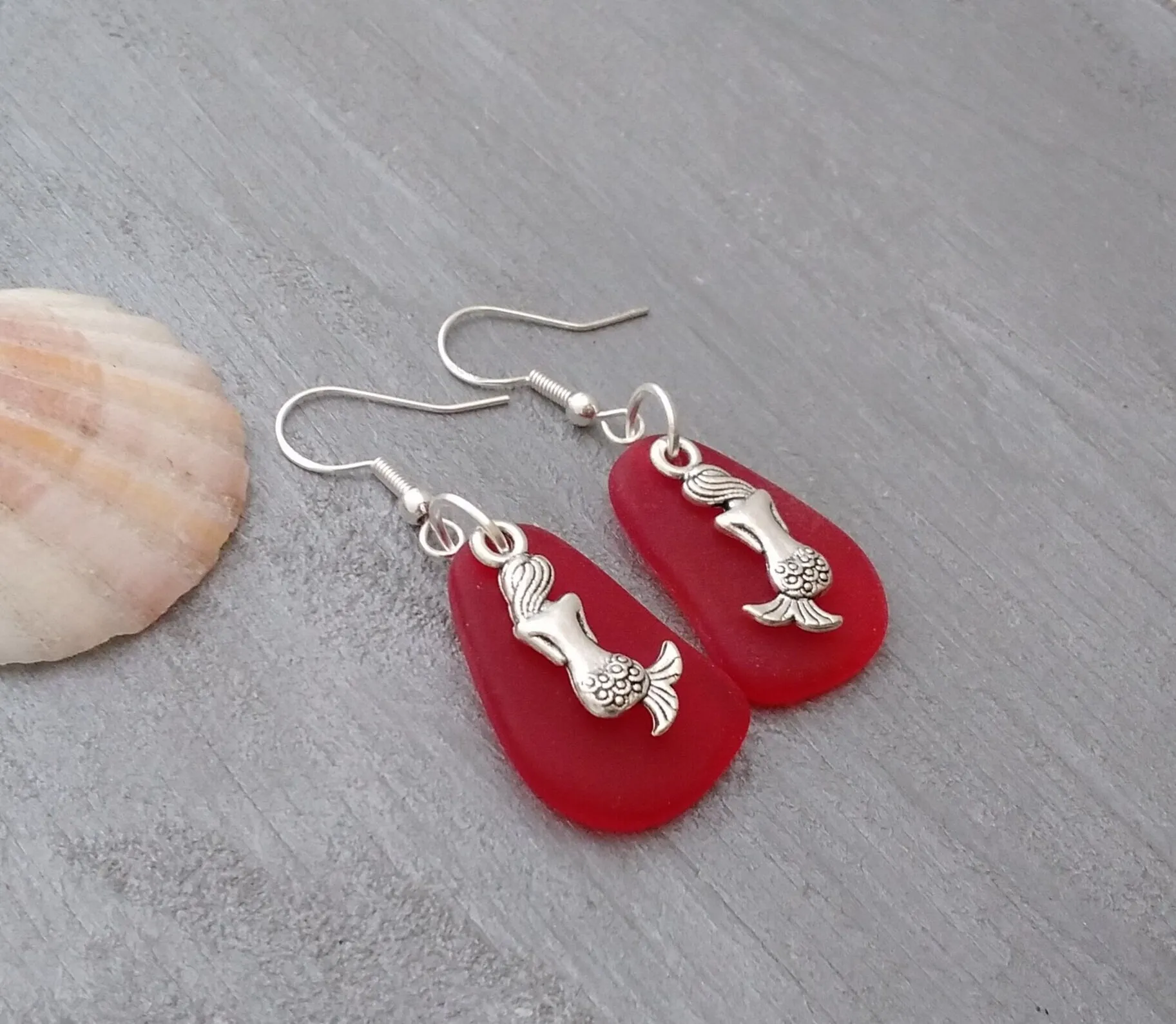 Hawaiian Jewelry Sea Glass Earrings, Red Earrings Mermaid Earrings, Sea Glass Jewelry Beach Jewelry Unique Birthday Gift(January Birthstone)
