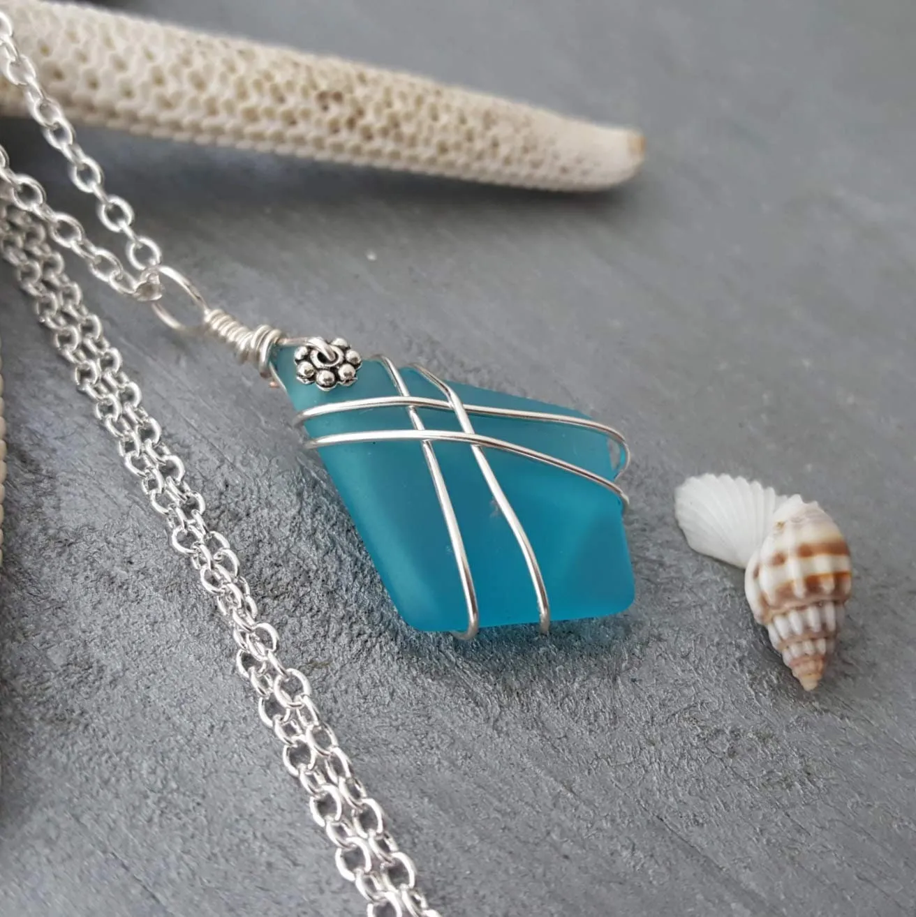 Hawaiian Jewelry Sea Glass Necklace, Wire Cross Necklace Turquoise Necklace Blue Necklace, Beach Jewelry Birthday Gift (December Birthstone)